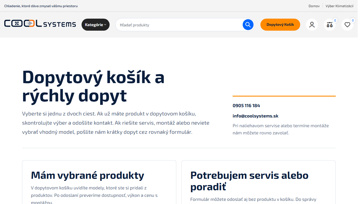 Dopytová stránka CoolSystems s oddelenými cestami pre vybrané produkty a poradenstvo