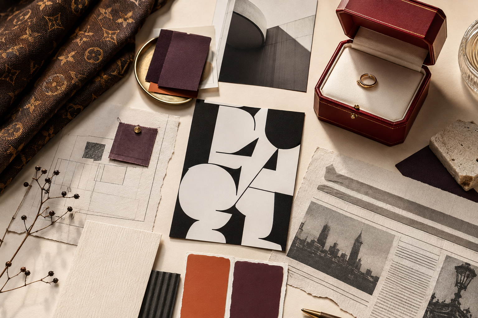 Moodboard firemnej identity: farby, typografia, materiály a značkové referencie