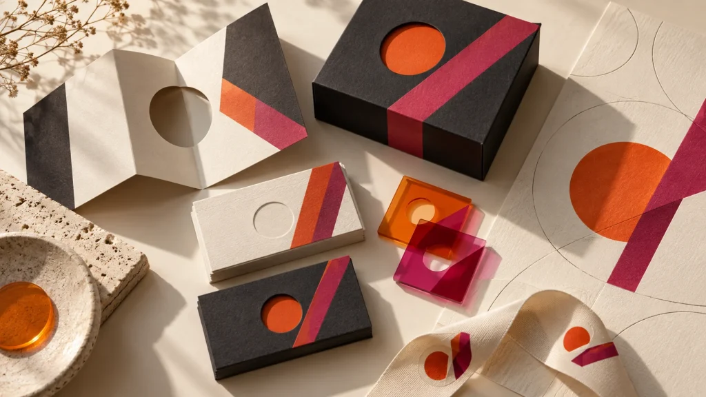Coordinated packaging, cards and material samples illustrating a consistent brand identity