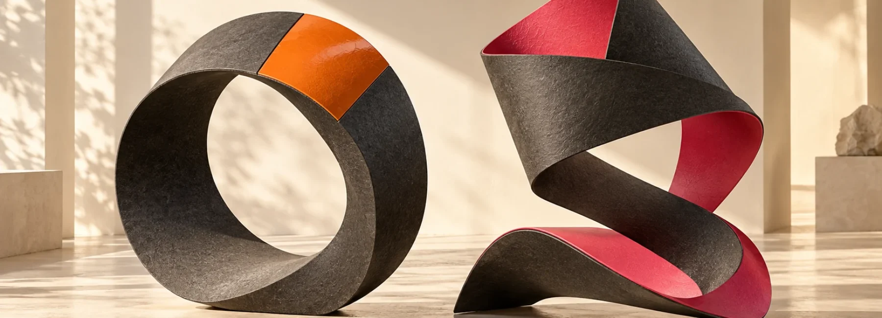 Sculptural comparison of a refined circular form and a completely reshaped ribbon